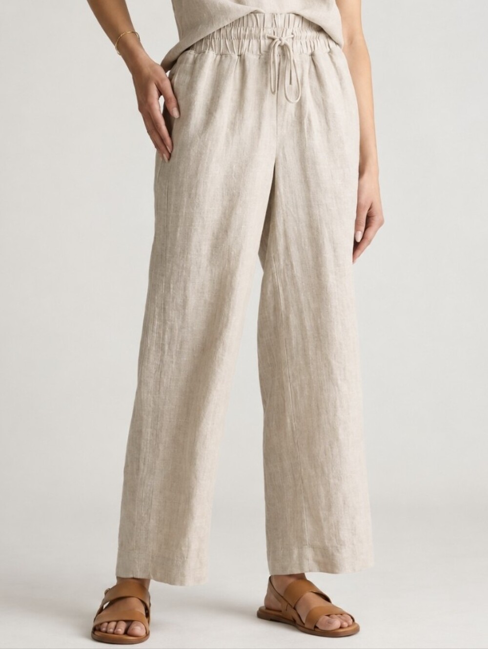 QUINCE Beige 100% European Linen Wide Leg High Rise Pants Pull-On Women's Sz L